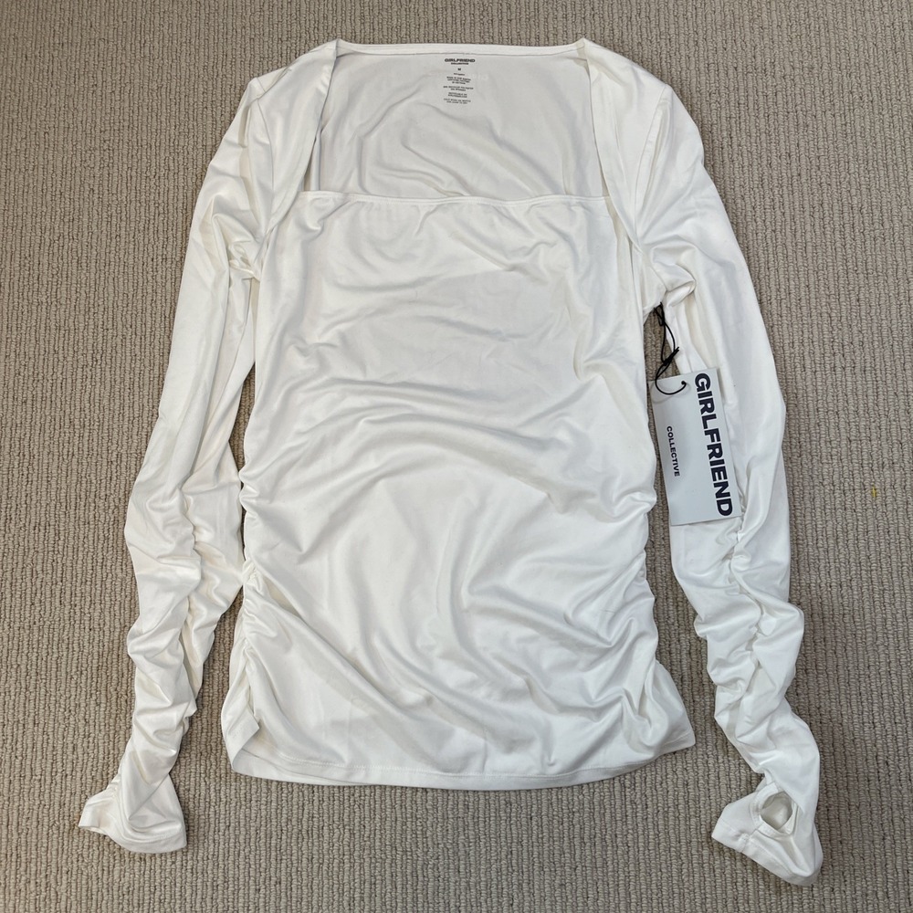 GIRLFRIEND COLLECTIVE Square Neck Open Crescent Back Ruched Long Sleeve White